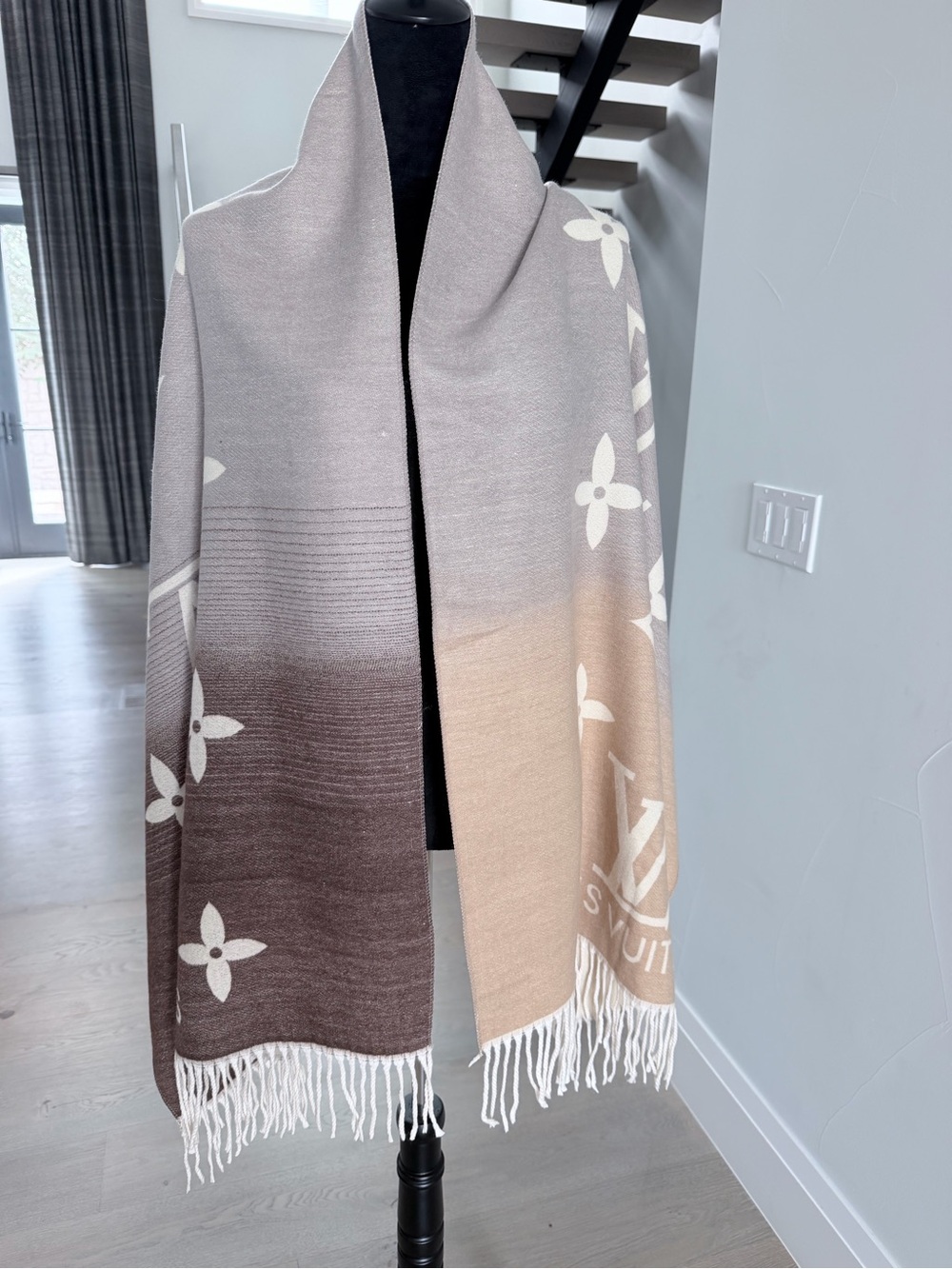 Luxury Gradient Fringe Shawl Scarf- Beige Taupe - Picture 2 of 13